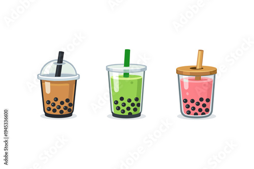 Three colorful bubble tea drinks with tapioca pearls and straws, isolated on white background