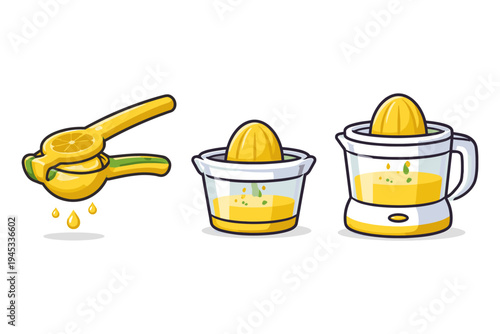 Various lemon juicers and fresh citrus juice being extracted and collected