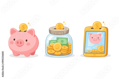 Piggy bank, jar, and smartphone illustrating savings and financial growth concepts
