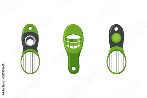 Three green avocado slicers with different designs for cutting and pitting fruit