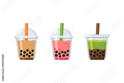 Three colorful bubble tea drinks with tapioca pearls and straws in clear plastic cups