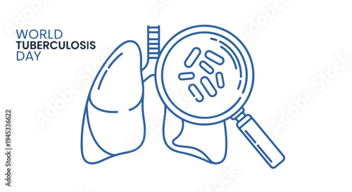 Line drawing of lungs and magnifying glass on World Tuberculosis Day with blue lines on white background