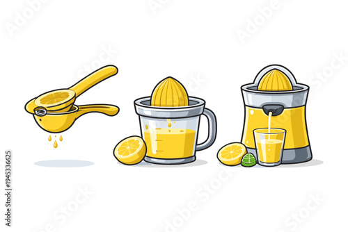 Collection of yellow citrus juicers and fresh lemon juice in various stages of preparation