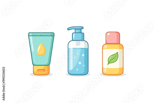 Collection of three cosmetic bottles and tubes with liquid and leaf icons