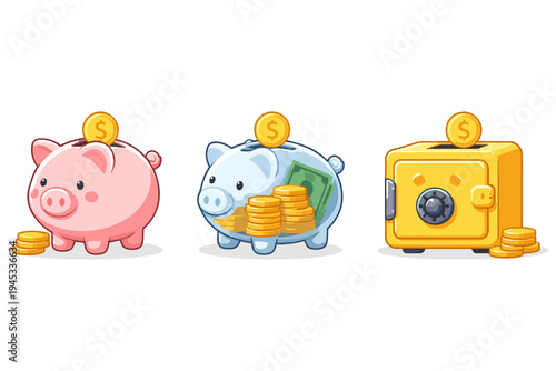 Piggy banks and safe with coins and banknotes symbolizing savings and financial security