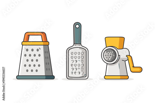 Collection of three kitchen graters and a meat grinder in a flat design style