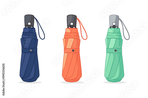 Three compact folded umbrellas in blue, orange, and green, ready for any weather