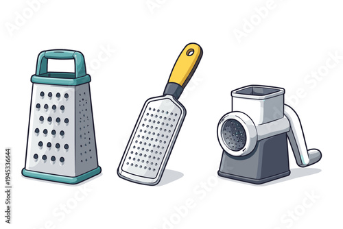 Collection of three different kitchen graters for food preparation and cooking