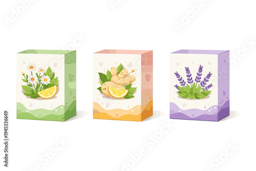 Three boxes with natural ingredients: chamomile, ginger, and lavender for herbal products