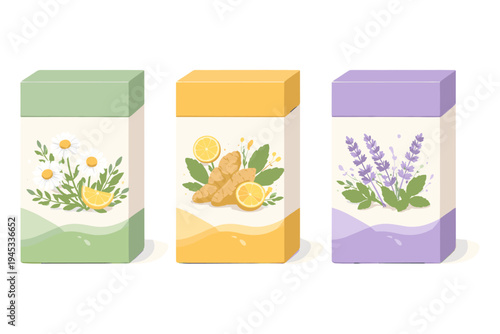 Three boxes of herbal tea with chamomile, ginger, and lavender flavors
