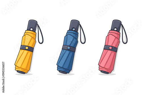 Three compact folded umbrellas in yellow, blue, and pink, ready for any weather