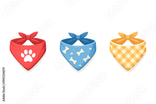 Collection of three colorful dog bandanas with different patterns and designs