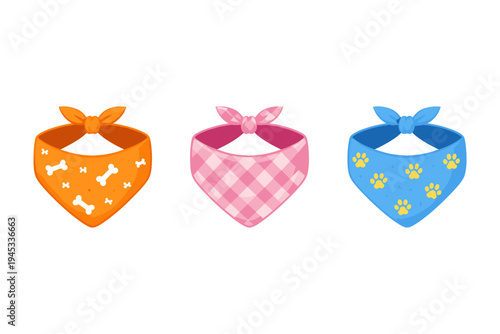 Three colorful dog bandanas with cute patterns, isolated on white background