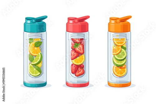 Three colorful fruit infusion water bottles with citrus and strawberries