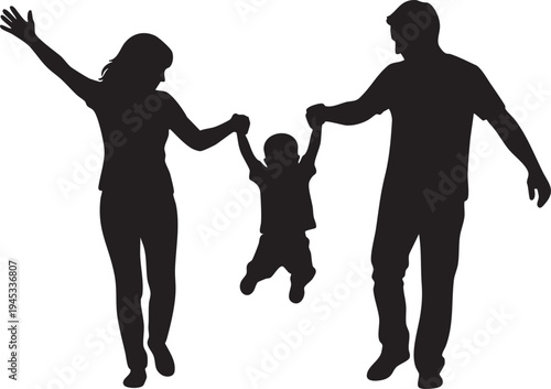 Joyful silhouette of a loving family swinging their happy child, symbolizing a strong bond