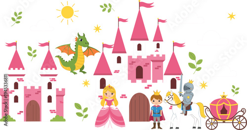 Fairy Tale Castle and Character Icon Set Featuring Princess, Knight, Dragon, and Carriage for Storybook and Fantasy Designs