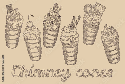 Delightful chimney cones with assorted toppings in a charming hand-drawn sketch style. A whimsical collection of sketched chimney cones, each adorned with unique sweet decorations and presented 