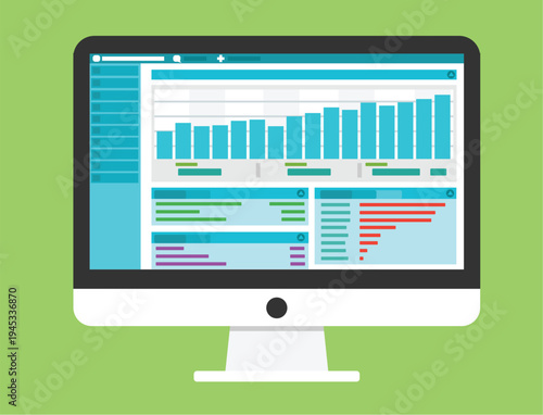 A flat digital LCD monitor displays a professional business graph on its desktop screen, representing modern electronic communication technology and web design equipment for a PC or laptop