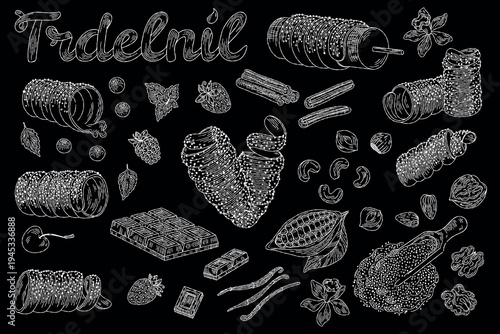Trdelnik pastry and ingredients hand-drawn illustration on black background. A collection of hand-drawn elements featuring trdelnik pastries, chocolate, berries, nuts, cinnamon, vanilla, and cocoa.