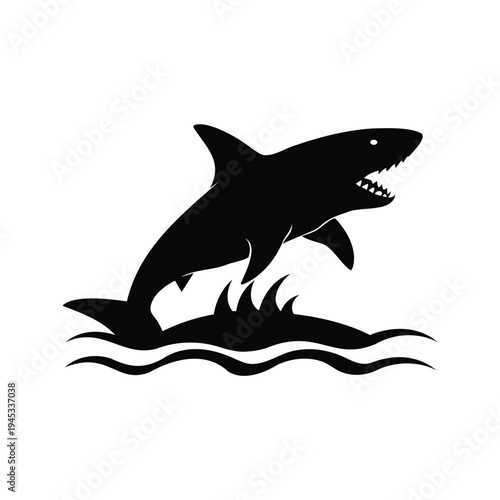 shark breaching water silhouette vector illustration, Ferocious shark swimming in ocean water silhouette vector illustration