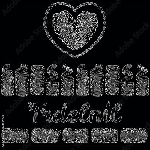 Hand-drawn illustration of Trdelnik pastries arranged in a decorative pattern with a heart motif. A charming black and white sketch featuring multiple Trdelnik perfect for culinary or decorative theme