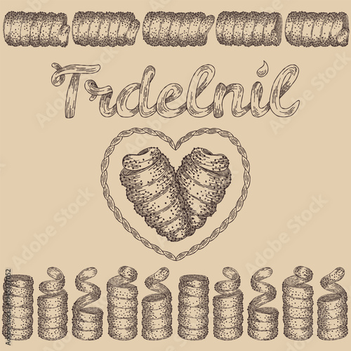 Hand-drawn illustration of Trdelník. Charming sketch features traditional Czech Trdelník pastries in various forms, including a central heart motif and a border of spiral shapes on a beige background.