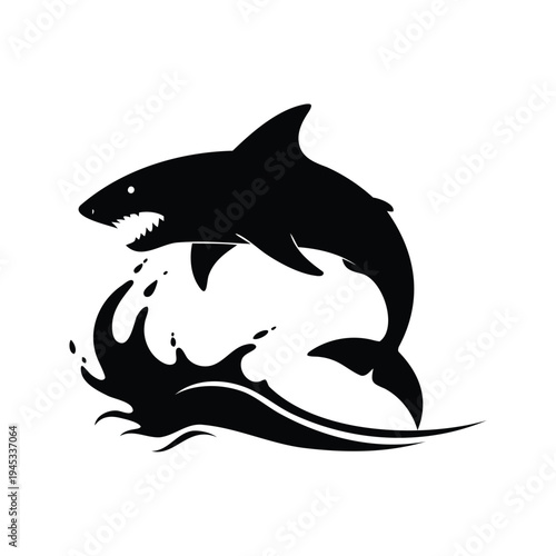 shark breaching water silhouette vector illustration, black and white shark silhouette vector illustration with sharp teeth and water splash design