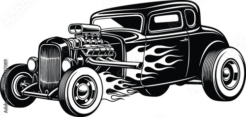 Vintage Hot Rod Coupe with Flame Graphics and Supercharged Engine Hand Drawn Retro Vector