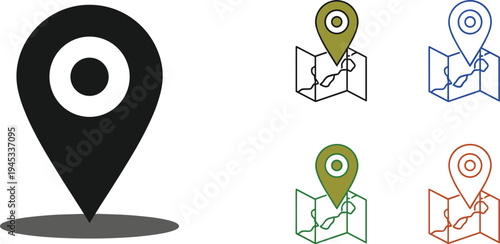 Map Location Pin Icon Set with Folded Paper Maps and GPS Navigation Markers for Travel Logistics Wayfinding Apps and Digital Positioning Design