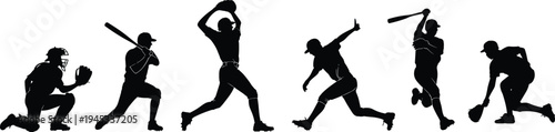 Baseball player silhouettes in dynamic action poses catcher batter pitcher runner fielder swinging throwing catching sports illustration design flat vector
