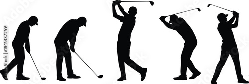 Golf player silhouettes performing swing sequence stages address backswing downswing follow through athletic sport motion illustration design concept flat vector