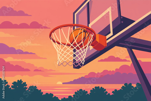 A basketball hoop stands against a vibrant sunset sky, featuring a backboard and net ready for an outdoor game of sport and recreation on the court