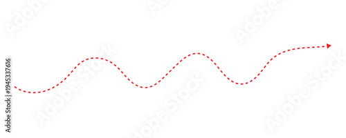 Red wavy dashed line with an arrow pointing right. Red wavy dotted line. Vector illustration