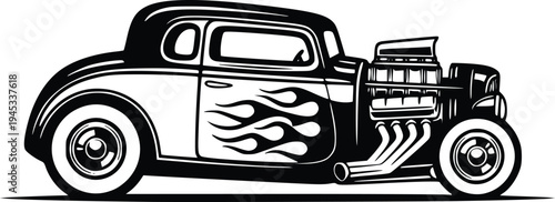 Vintage Hot Rod Coupe with Flame Graphics and Exposed Engine Hand Drawn Retro Vector Illustration