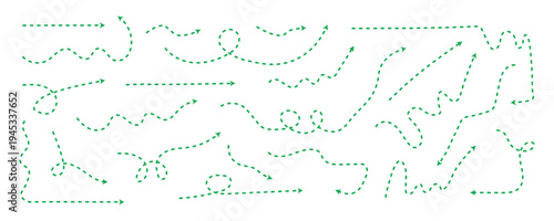 Collection of green dashed lines and arrows in various shapes and directions. Dotted curve line set. Vector illustration