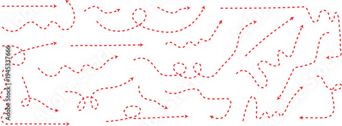 Red dashed lines and arrows in various shapes and directions. Dotted curve line set. Vector illustration