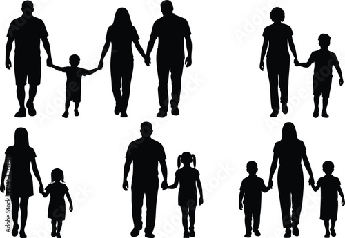 Generational Family Unit Vector Set, Minimalist Parent and Child Portrait Graphics, vector, illustration, silhouette.