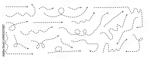 Black dashed lines and arrows in various shapes and directions. Dotted curve line set. Vector illustration