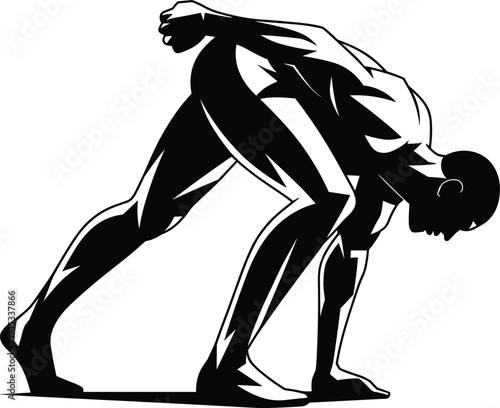 Athletic sprinter silhouette in dynamic starting position muscular body strength speed fitness sports training preparation illustration design flat vector