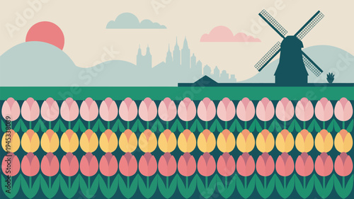 A vibrant illustration of a tulip field with a windmill in the background at sunset