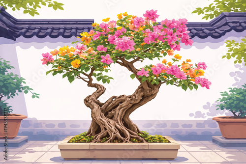 A pink Japanese bonsai tree in a ceramic flowerpot brings a touch of spring nature to the home interior, showcasing blooming geranium blossoms as an elegant garden decor on a wooden table