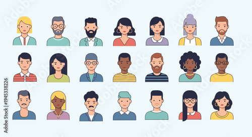 Minimalist flat vector illustration set of diverse human avatars arranged in a clean grid layout.