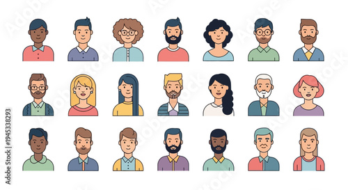 Minimalist flat vector illustration set of diverse human avatars arranged in a clean grid layout.