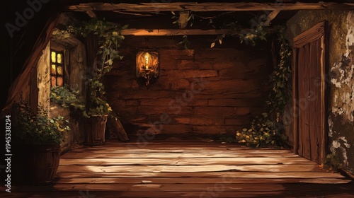 Rustic interior of a cozy, old room with warm light illuminating a weathered wooden floor, stone wall, and charming plant decorations, creating an inviting and tranquil atmosphere.