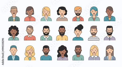 Minimalist flat vector illustration set of diverse human avatars arranged in a clean grid layout.