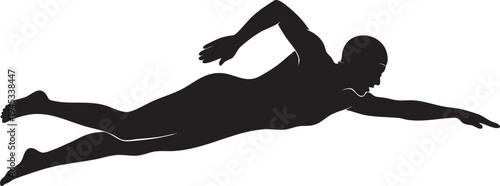 Dynamic black silhouette capturing a swimmer in a powerful freestyle stroke, representing aquatic athleticism and competitive sport in action