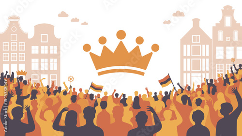 A vibrant crowd of people celebrating with flags and a large crown in the background of a cityscape
