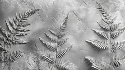 Detailed black and white embossed texture featuring several delicate fern leaves pressed into a monochromatic stone or plaster wall surface.