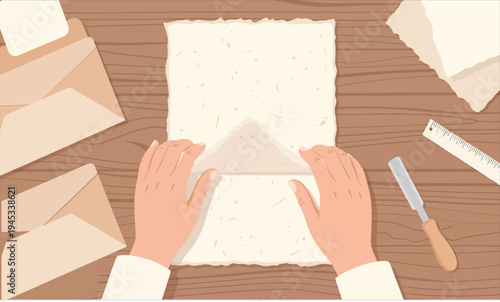 Handmade Paper Crafting Process on a Wooden Table