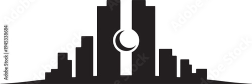 City silhouette featuring twin towers and crescent moon icon on transparent